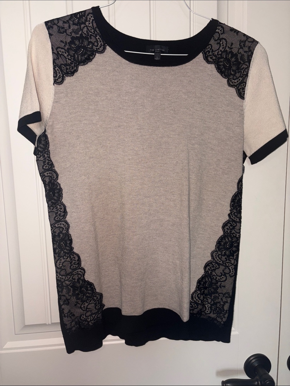 The Limited Beige Short-Sleeve Top with Black Lace Trim